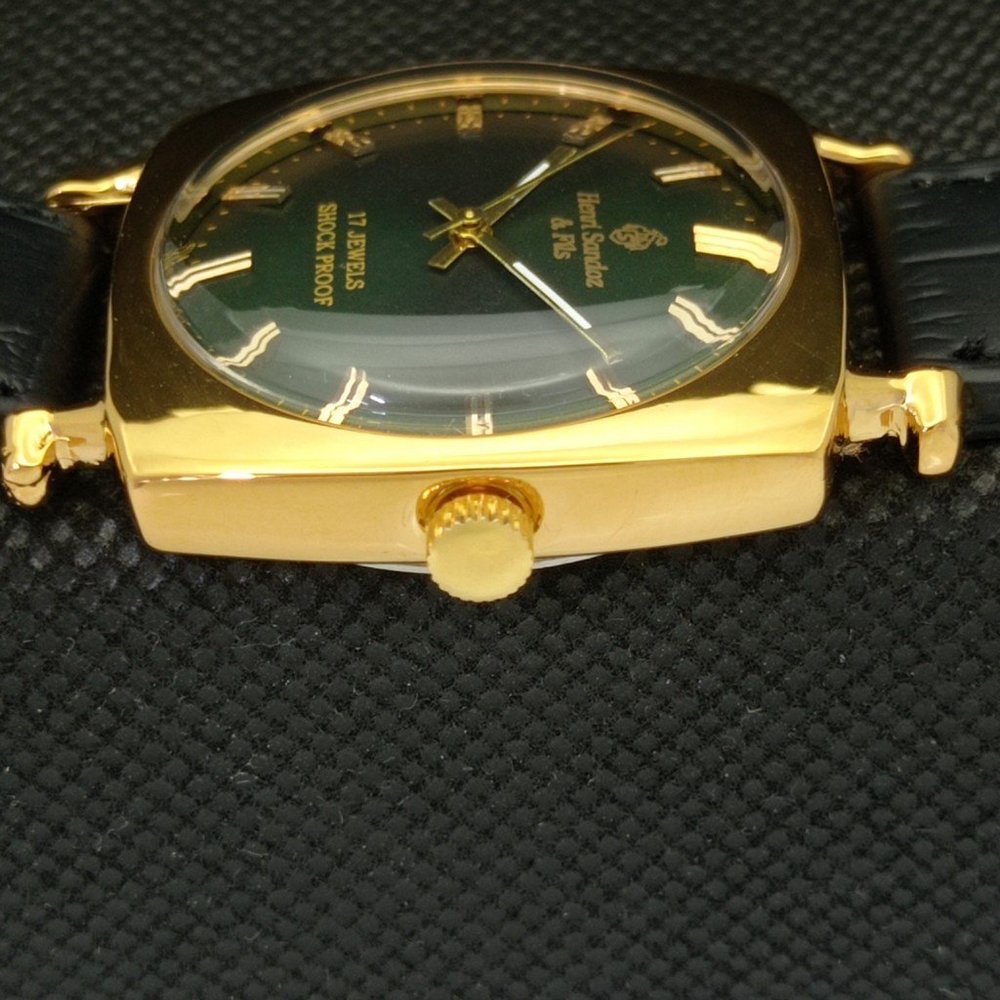 Vintage 1973 Square Henri Sandoz Manual Mens Gold Watch W/Green Face - Picture 5 of 8